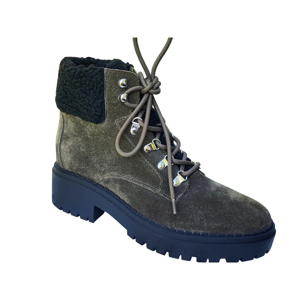 Marc Fisher LEIGAN Olive Green Suede Faux Fur Lug Sole Hiker Combat Boots 10